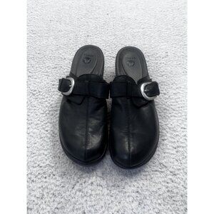 Women's Crocs Black Leather Cobbler Buckle Slip On Closed Toe Wedge Clog Size 11